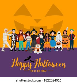 Halloween party background, Kids in Halloween costumes. Vector