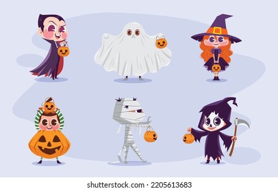 Halloween-Partyhintergrund, Kinder in Halloween-Kostümen mit Gesichtsmasken. Kinder, die Monster-Kostüme tragen, die in Stadttricks spazieren gehen oder glückliche Halloween-Banner-Feiertagskonzepte mit Vektorgrafik behandeln