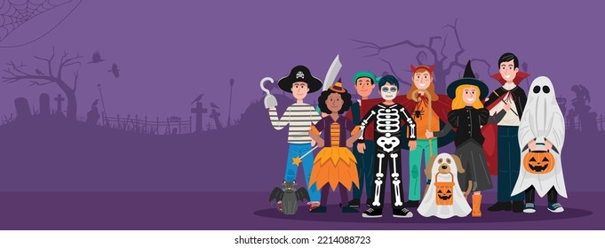 Halloween party background, Kids in Halloween costumes. Vector