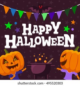 Halloween party background. Man with a pumpkin head vector flat illustration. flat bat and festive ribbon. Funny halloween personage.