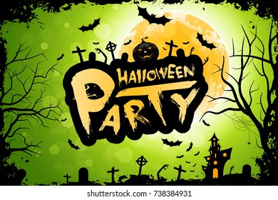 Halloween Party Background with Moon Trees Cemetery and Haunted House
