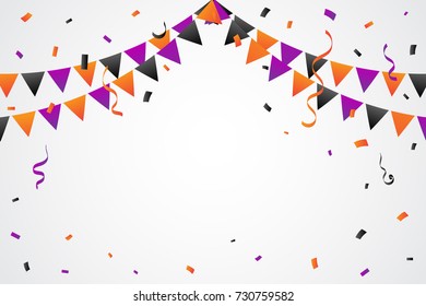 Halloween Party Background With Orange And Purple Black Confetti With Ribbon Flags. Celebration Event & Birthday.  Vector Illustration