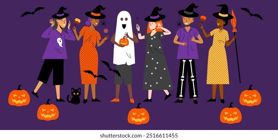 Halloween party background, people in Halloween costumes. Halloween , group of teens in Halloween costume