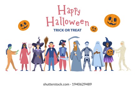 Halloween party background poster or celebration card template with fairy-tale and mythical characters. Flat cartoon vector illustrations