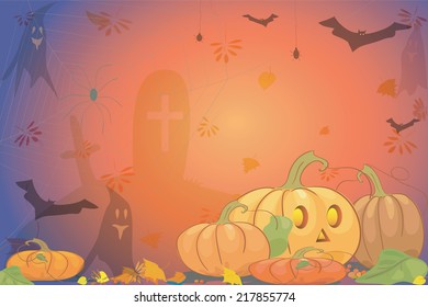 Halloween  party background with pumpkin bat ghost grave and spider. Vector illustration