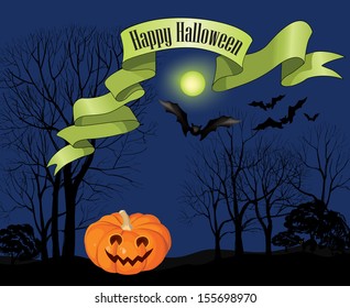 Halloween Party Background with Pumpkin, Bats and Moon over graveyard night landscape and lettering Happy Halloween.