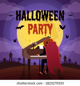 Halloween party background with pumpkin head playing piano