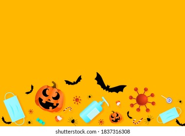 Halloween party  background with  pumpkin,  medical mask, full of candies, sweets,alcohol gel,mask on yellow background Halloween during COVID-19 pandemic, new normal,vector illustration