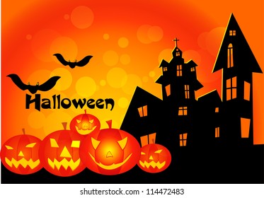 Halloween Party Background with Pumpkins, Bats and Moon in the Back