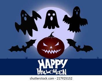 Halloween Party Background with Pumpkins, Bats and Ghost silhouette