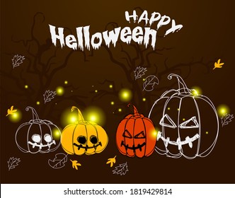 Halloween Party Background with pumpkins, forest and autumn leaves.