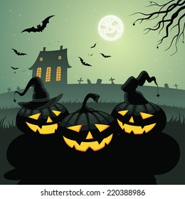 Halloween party background with pumpkins, full moon and flying bats.
