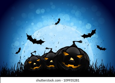 Halloween Party Background with Pumpkins in the Grass Bats and Moon in the Back