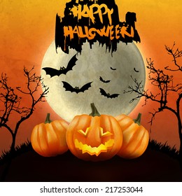Halloween Party Background with Pumpkins in the Grass Bats and Moon in the Back 