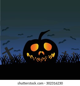 Halloween Party Background with Pumpkins in the Grass Bats 