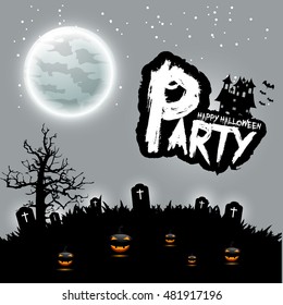 Halloween Party Background with Pumpkins in the Grass Bats and Moon in the Back,Halloween flyer design .