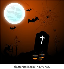 Halloween Party Background with Pumpkins in the Grass Bats and Moon in the Back,Halloween flyer design .