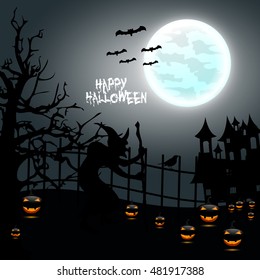 Halloween Party Background with Pumpkins in the Grass Bats and Moon in the Back,Halloween flyer design .