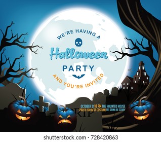 Halloween party background with pumpkins, graveyard and dark castle with moon copy space. EPS 10 vector illustration.