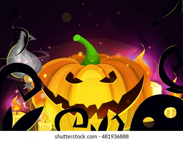 Halloween Party Background with Pumpkins. Magic bright background for game. Halloween splashscreen. Dark purple background.Halloween day.Vector illustration