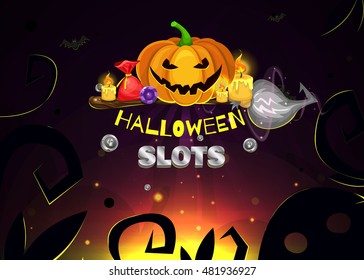 Halloween Party Background with Pumpkins. Magic bright background for game. Halloween splashscreen. Dark purple background.Halloween day.Vector illustration