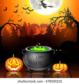 Halloween party background with pumpkins, pot and flying witches in full moon .Vector illustration