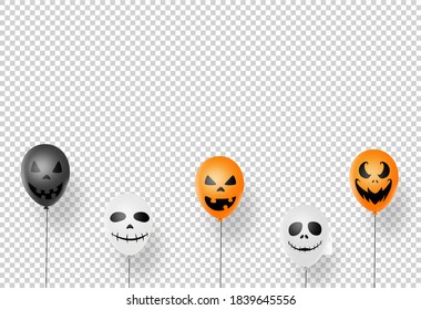 Halloween party  background with  scary black, white, orange air balloons isolated  on png or transparent  background, space for adding text , banner, website, billboard,advertising  , poster, vector 