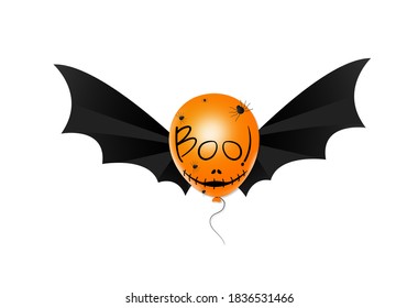 Halloween party  background with  scary face on orange air balloons, text  boo, bat wings isolated  on white background, space for add text , banner, website, billboard, , poster, vector illustration 