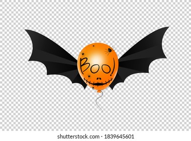 Halloween party  background with  scary face on orange air balloons, text  boo, bat wings isolated  on png or transparent  background, space for add text , banner, website, billboard, , poster, vector