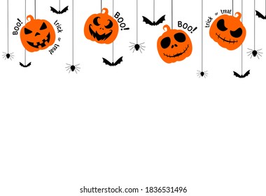 Halloween party  background with scary pumpkin face , bats, spiders, boo, trick or treat,  hanging from top on white backgroundspace for text, sale banner template ,website, poster,  vector 