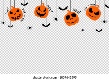 Halloween party  background with scary pumpkin face , bats, spiders, boo, trick or treat,  hanging from top on white backgroundspace for text,  isolated  on png or transparent  background, vector 