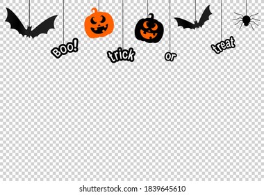 Halloween party  background with scary pumpkin face , bats, spiders, boo, trick or treat,  hanging from top  isolated  on png or transparent  background, space for text, sale banner template , vector 