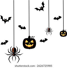 Halloween party background with scary pumpkin face, bats and spiders hanging from above, isolated on transparent background, template for poster, brochure, promotion, marketing. Vector illustration.