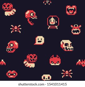 Halloween party background seamless pattern, gift paper, wallpaper, covering design, cast, monster, bat, spider, skull, vampire, pixel art style. Video game sprite. Isolated vector illustration. 