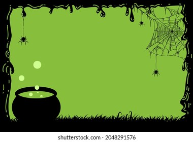 Halloween party background with slime, spiders, spiderwebs and cauldrons isolated on green texture, blank space for text,element template for poster,brochures, online advertising,vector illustration 