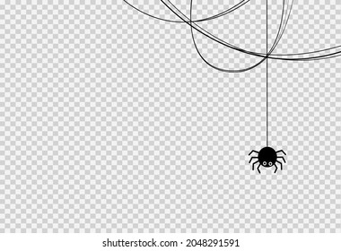 Halloween-Partyhintergrund mit Spinne, die von Spinnweben hängt, isoliert oder transparenter Textur, Leerraum für Text, Elementvorlage für Poster, Broschüren, Online-Werbung, Vektorgrafik 