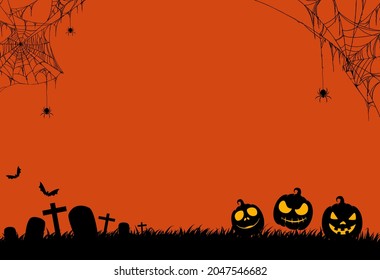 Halloween party background with spiders,spiderwebs,pumpkins,bats, cemetery isolated on orange texture, blank space for text,element template for poster,brochures, advertising,vector illustration 