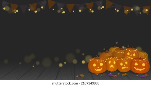 Antecedentes de la fiesta de Halloween. Ilustración vectorial de calabazas, conglomerado y luces decorativas.