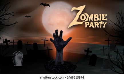Halloween party background. Zombie hand rising out from the ground. Graveyard with tombstones and moon In spooky night. Vector illustration.