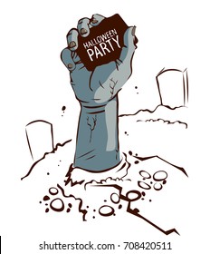 Halloween party background with zombie hand. Vector illustration