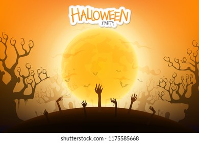 Halloween party background with zombie's hand under the moonlight.