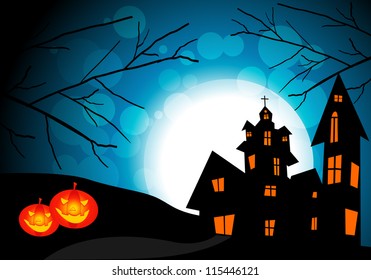 Halloween Party Background/Greeting with Bats and Moon in the Back