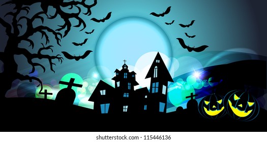 Halloween Party Background/Greeting with Bats and Moon in the Back