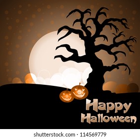Halloween Party Background/Greeting  with Pumpkins, Bats and Moon in the Back