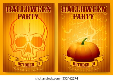 Halloween Party Backgrounds Set with Human Skull and Pumpkin. Vector illustration. 