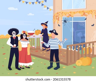 Halloween party in backyard flat color vector illustration. People eating treats and talking at seasonal event. Friends in costumes 2D cartoon characters with home yard on background