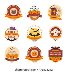 Halloween party badge design. Easy to edit badges isolated on white. Eps 10 vector set.