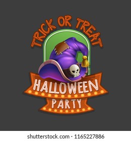 Halloween party badges or labels with a invitation and scary elements on grey background. Vector illustration.