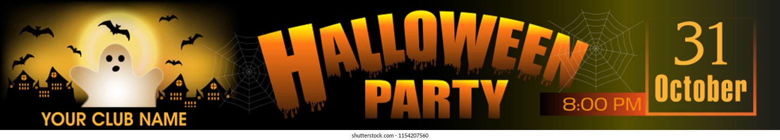 Halloween Party banner. Background with ghost and bats. Vector illustration.