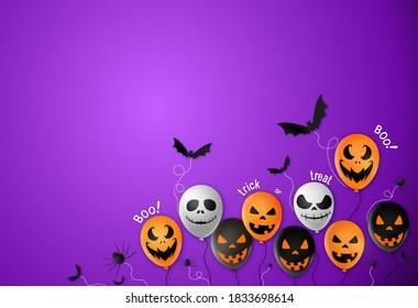 Halloween party  banner background ,scary balloons, bat,spider, spider web isolated  on purple  background, text boo, trick or treat  , sale banner template ,website, poster, vector illustration 